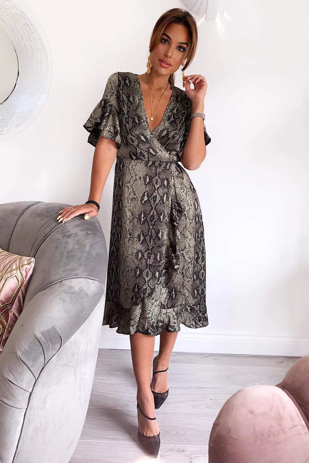 Snake Print Frill Wrap Midi Dress