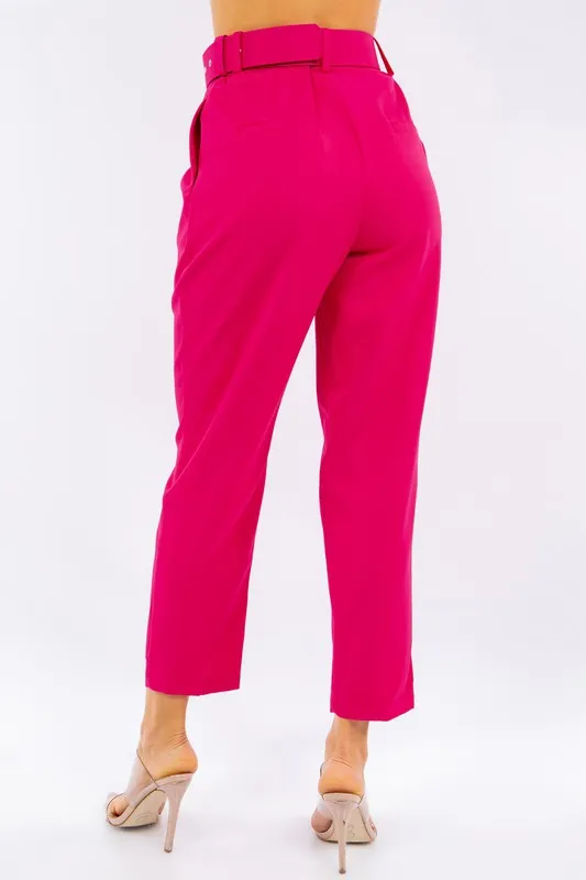 Solid Belted High Waist Dressy Pants