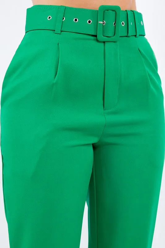 Solid Belted High Waist Dressy Pants