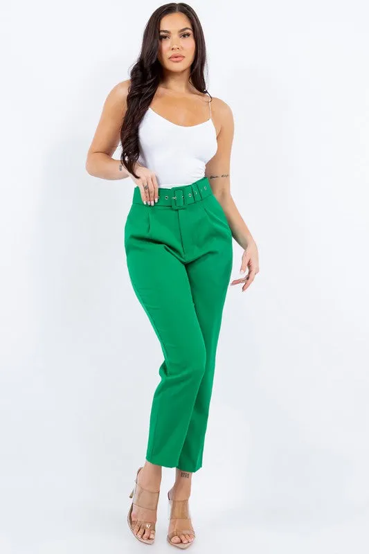 Solid Belted High Waist Dressy Pants