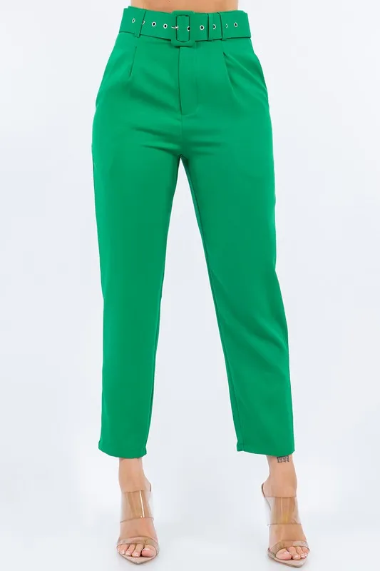 Solid Belted High Waist Dressy Pants