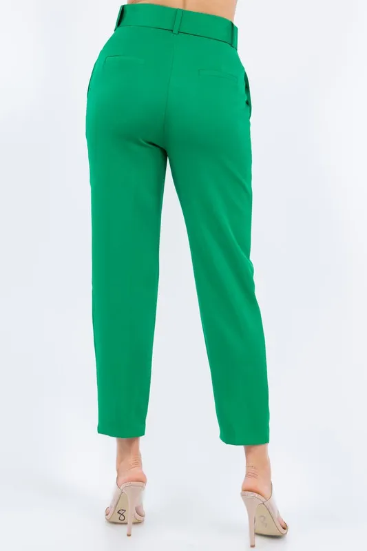 Solid Belted High Waist Dressy Pants