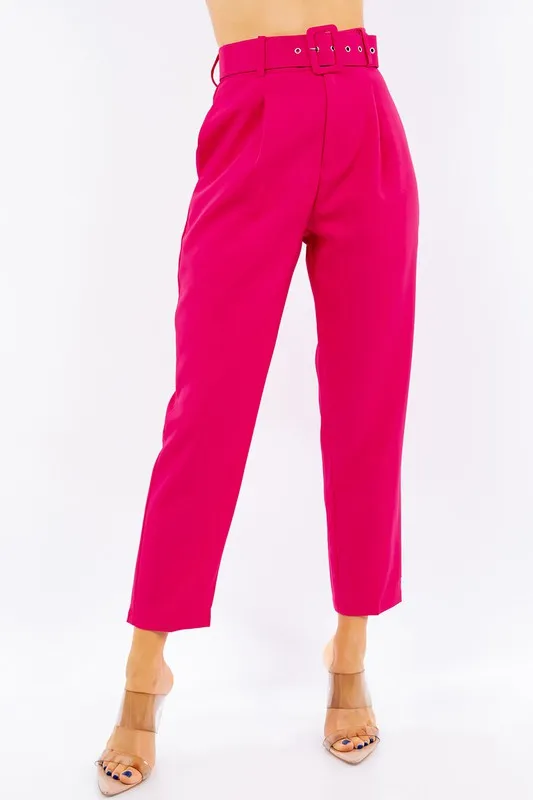 Solid Belted High Waist Dressy Pants