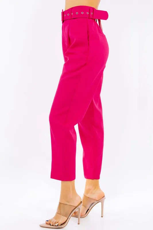 Solid Belted High Waist Dressy Pants