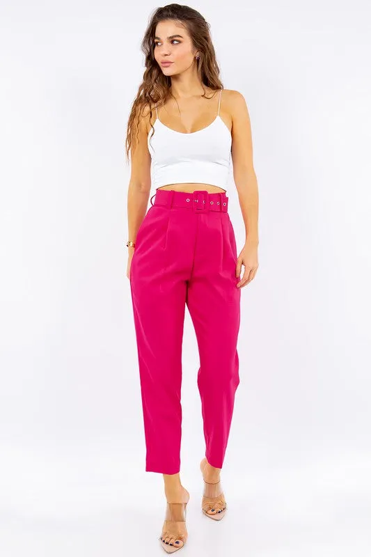 Solid Belted High Waist Dressy Pants