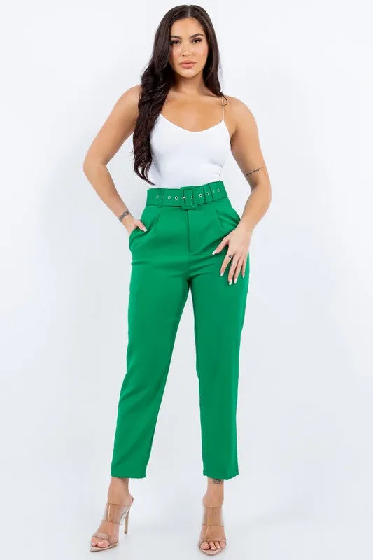 Solid Belted High Waist Dressy Pants