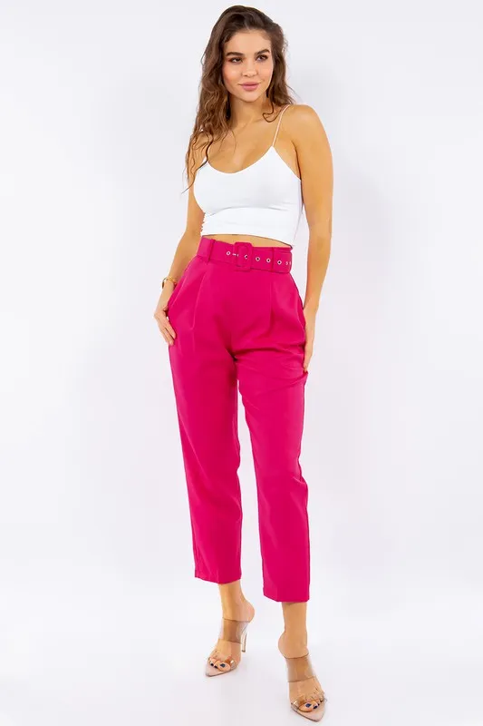 Solid Belted High Waist Dressy Pants