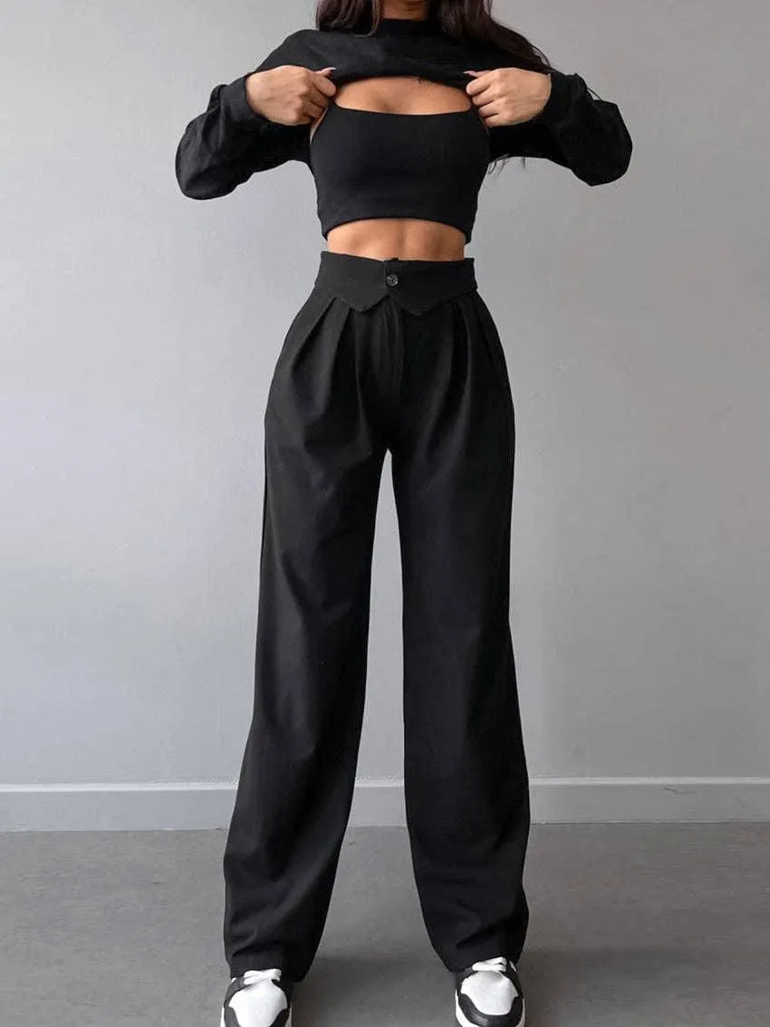 Solid Color High Waist Straight Leg Pants C-K2227