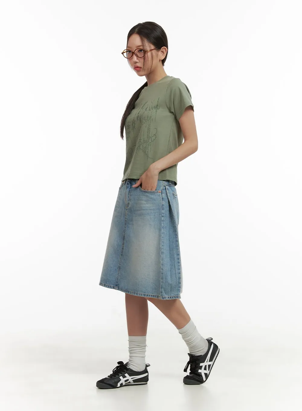 Solid Midi Denim Skirt CU405