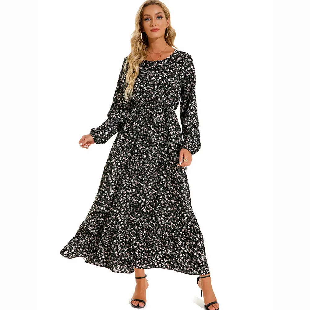 Sping Bohemian Women Maxi Casual Long Sleeve High Waist Chiffon Midi Dresses