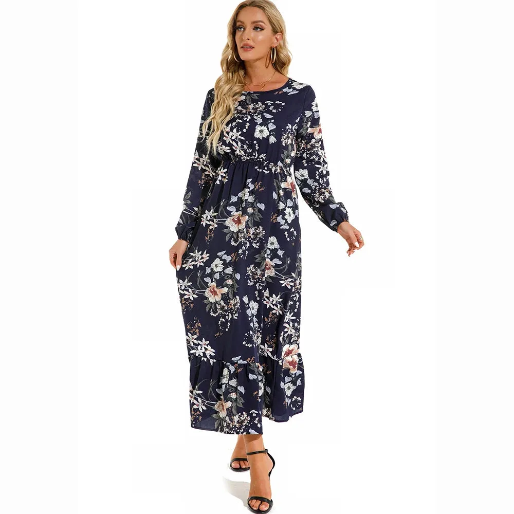 Sping Bohemian Women Maxi Casual Long Sleeve High Waist Chiffon Midi Dresses