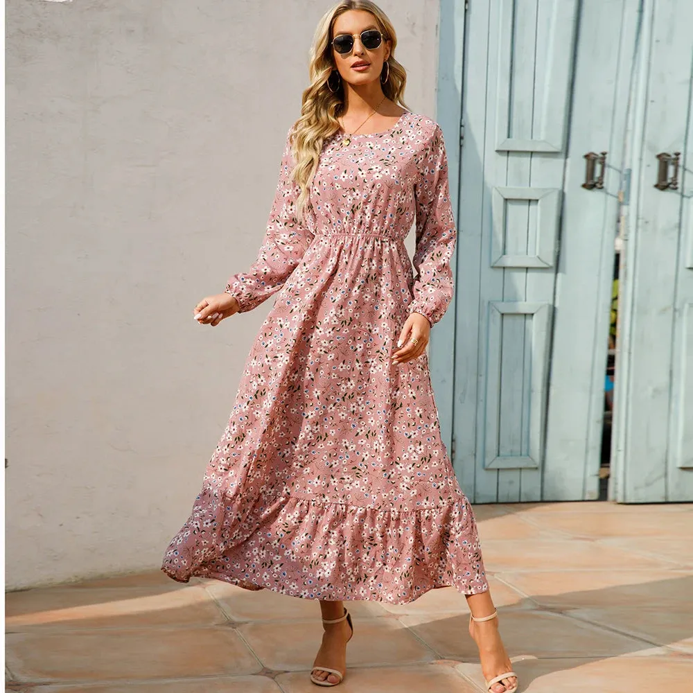 Sping Bohemian Women Maxi Casual Long Sleeve High Waist Chiffon Midi Dresses