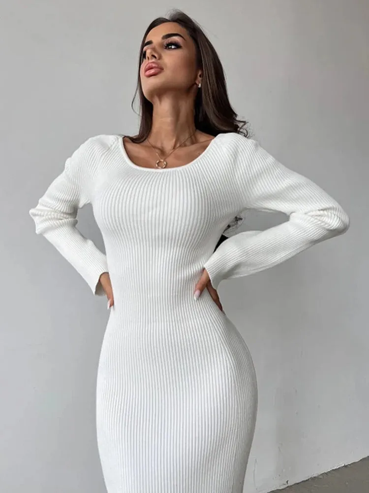 Spring Autumn Women's Solid Color Long sleeved Temperament Slim Hollow Open Midi Dresses