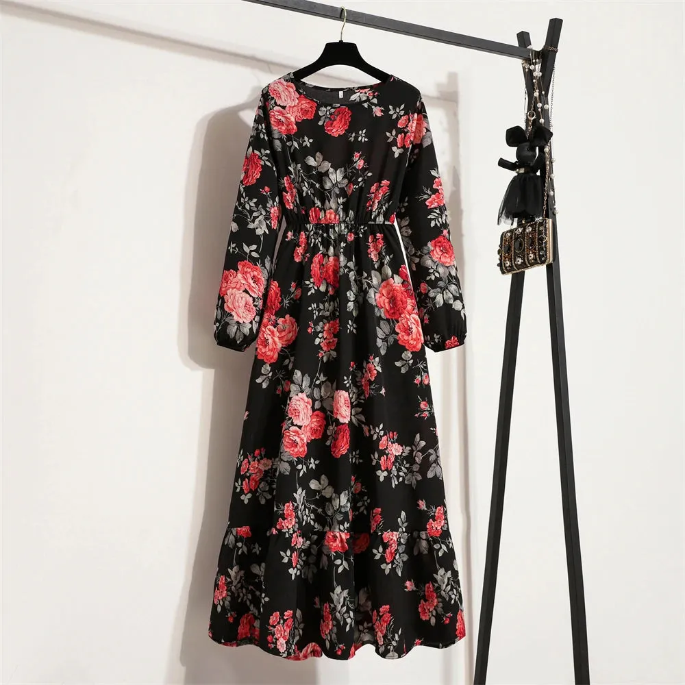 Spring Maxi Casual Full Floral Printed O-neck Woman Bohe Party Midi Dresses