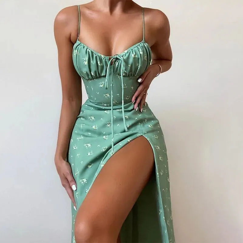 Strapless Lace-up High Waist Flower Print Split Midi Dress