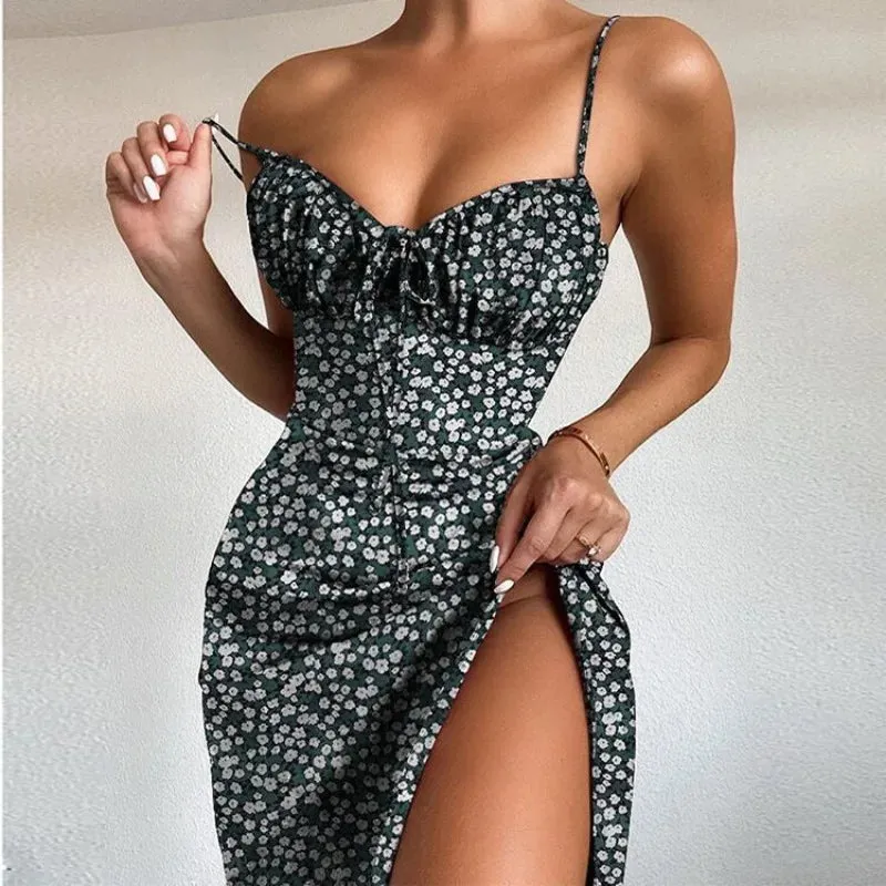 Strapless Lace-up High Waist Flower Print Split Midi Dress