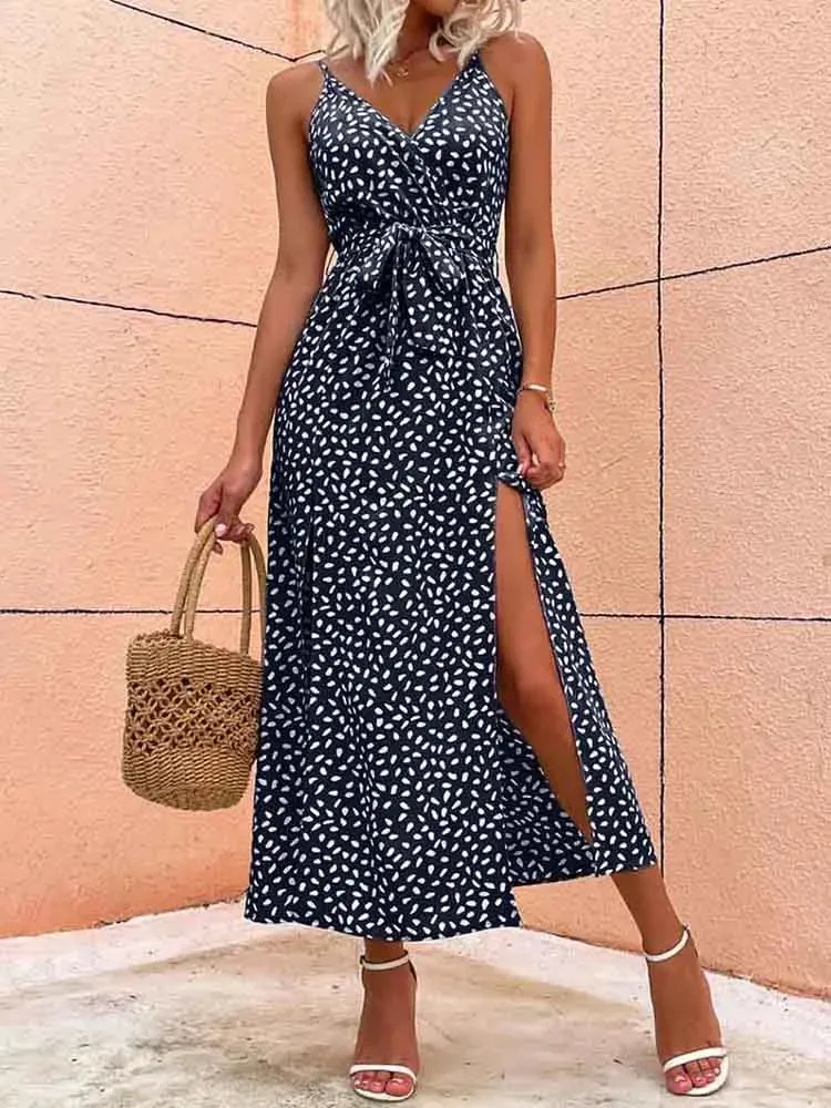 Summer Floral Backless Bandage Slit Beach Sunes Black Sleeveless Midi Dresses