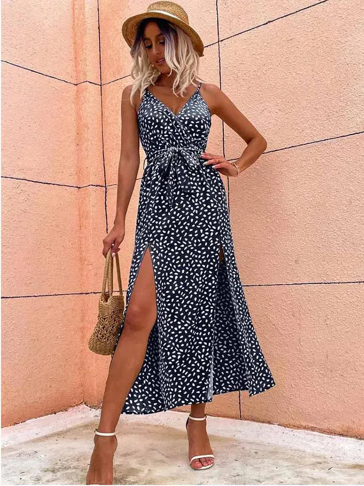 Summer Floral Backless Bandage Slit Beach Sunes Black Sleeveless Midi Dresses