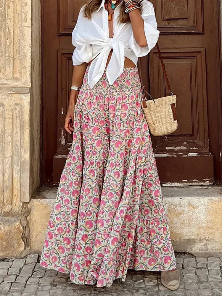 Summer Long Skirts Women Boho Print Skirt Female Floral Beach Maxi Skirts Ladies Vintage Loose Elastic Waist Holiday Skirt