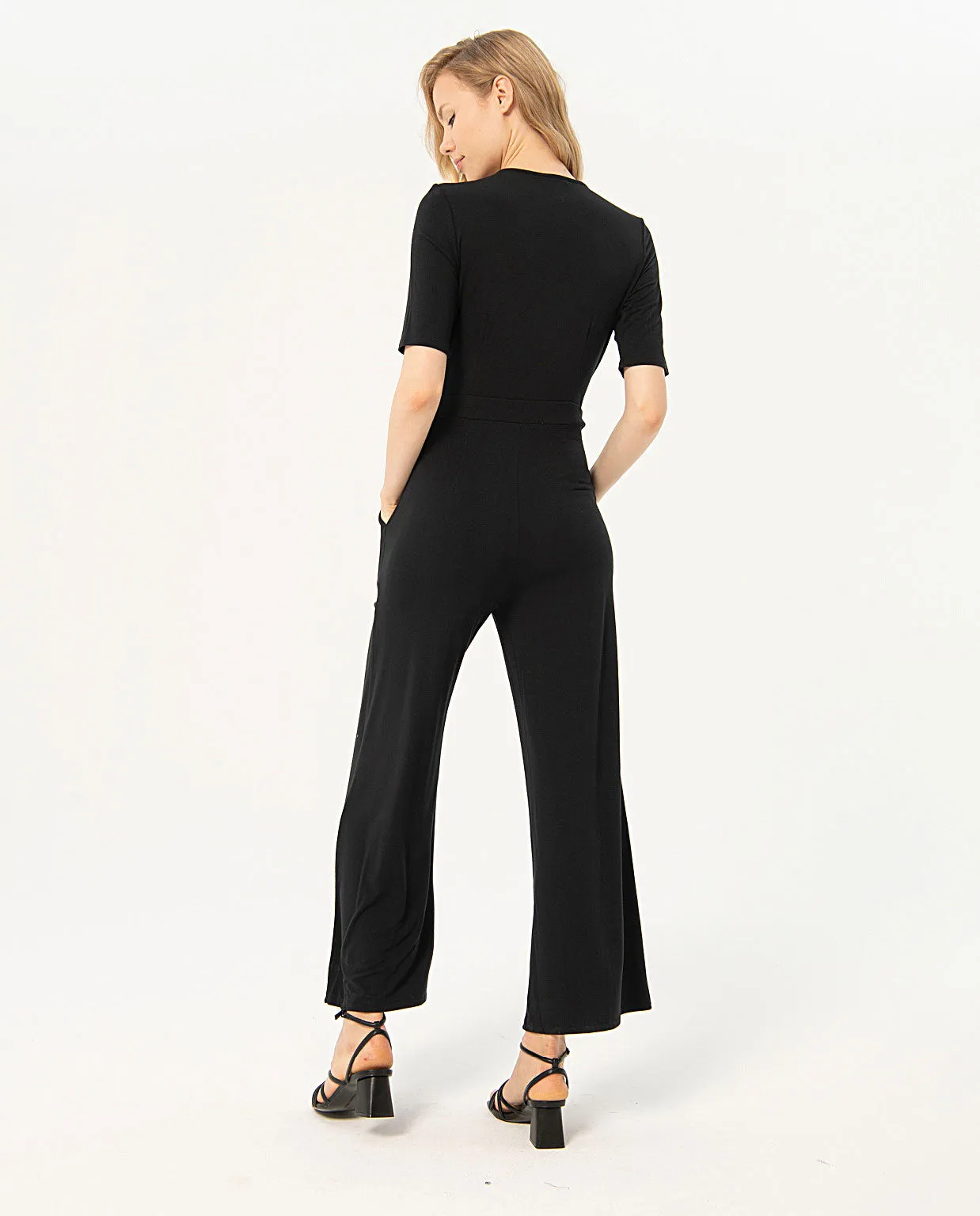 Surkana crossover neckline jumpsuit short sleeves black