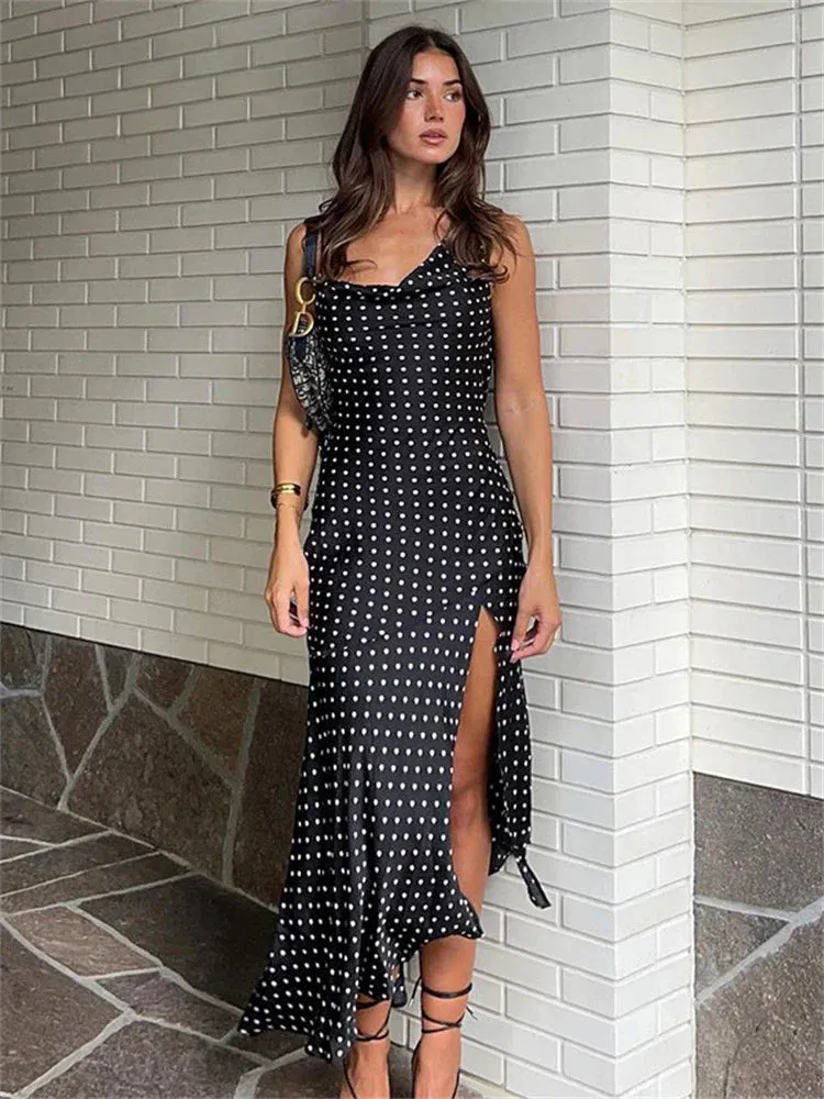 Swinging Neck Backless Summer Women Sleeveless Split Sexy Casual Midi Dress with Dot Print