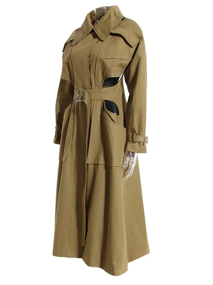 TEEK - Army Green Peep Waist Long Trench Coat