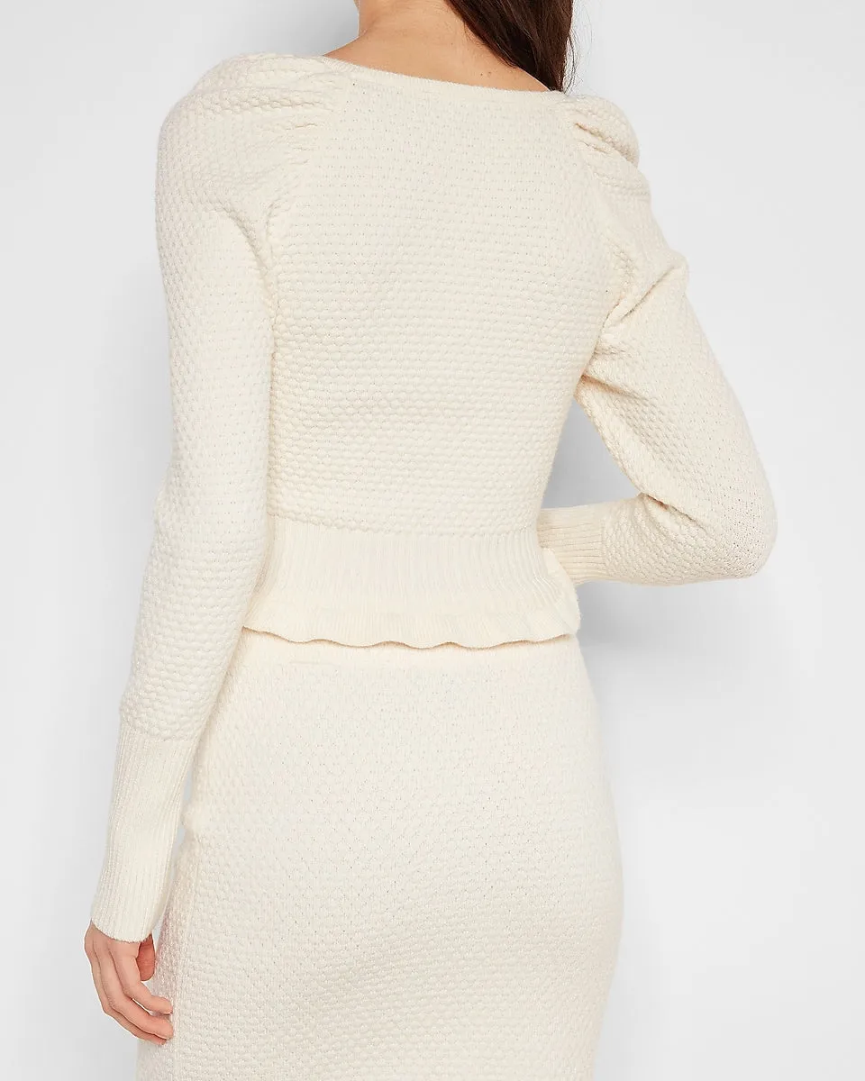 Textured Scoop Neck Puff Sleeve Sweater in Swan