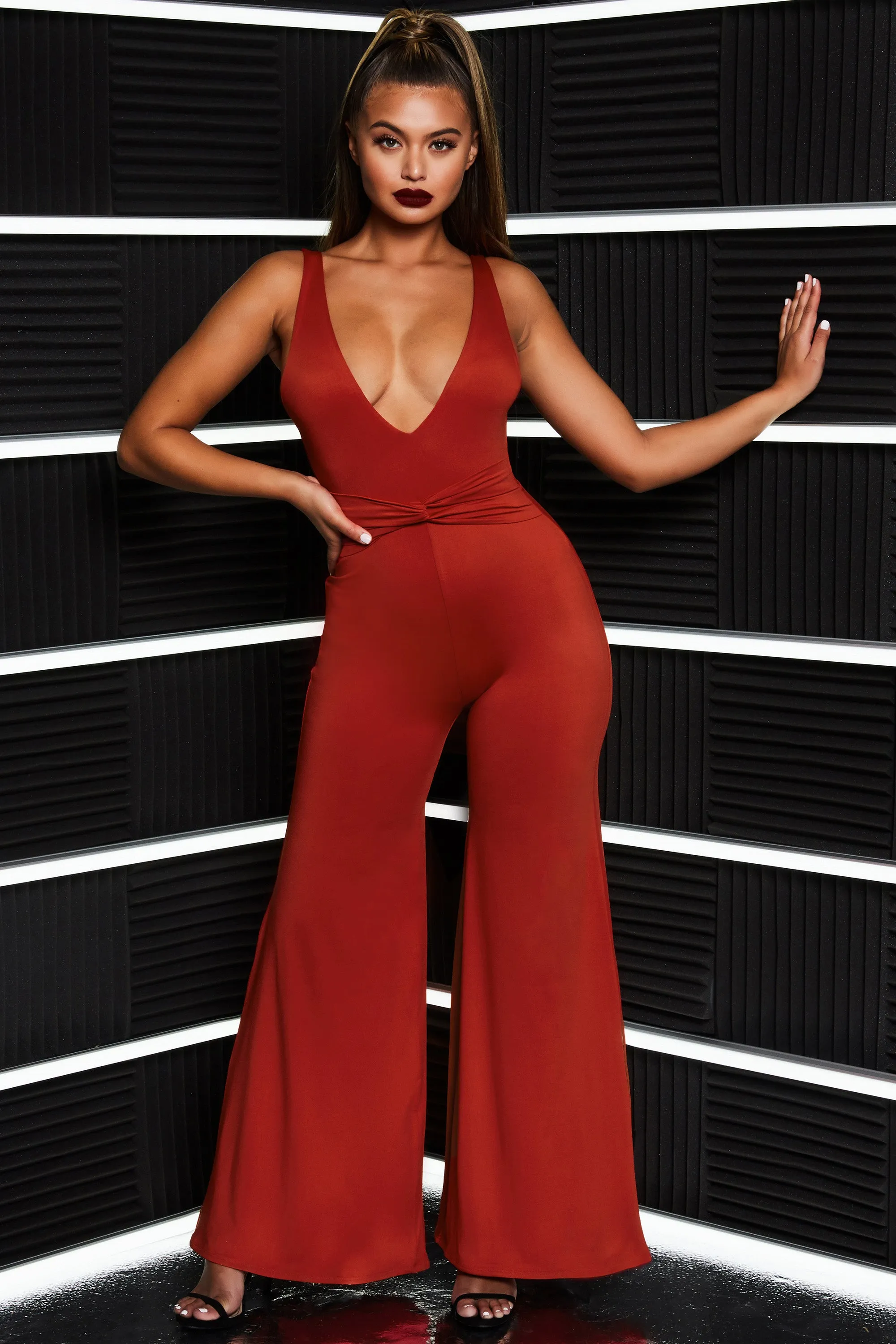 That Cuts Deep Twist Front Plunging Wide Leg Jumpsuit in Red