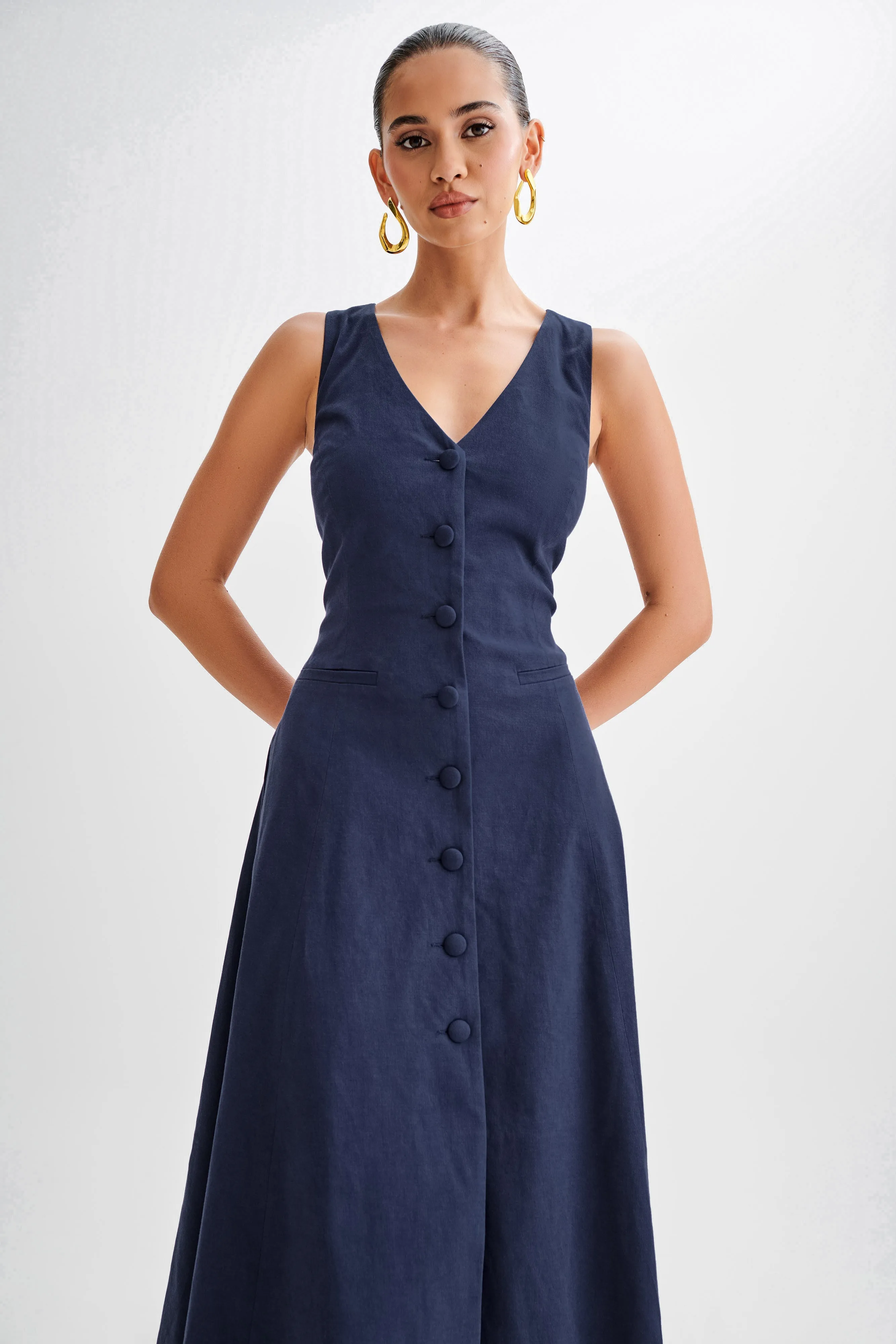 Theodora Cotton Buttoned Midi Dress - Navy