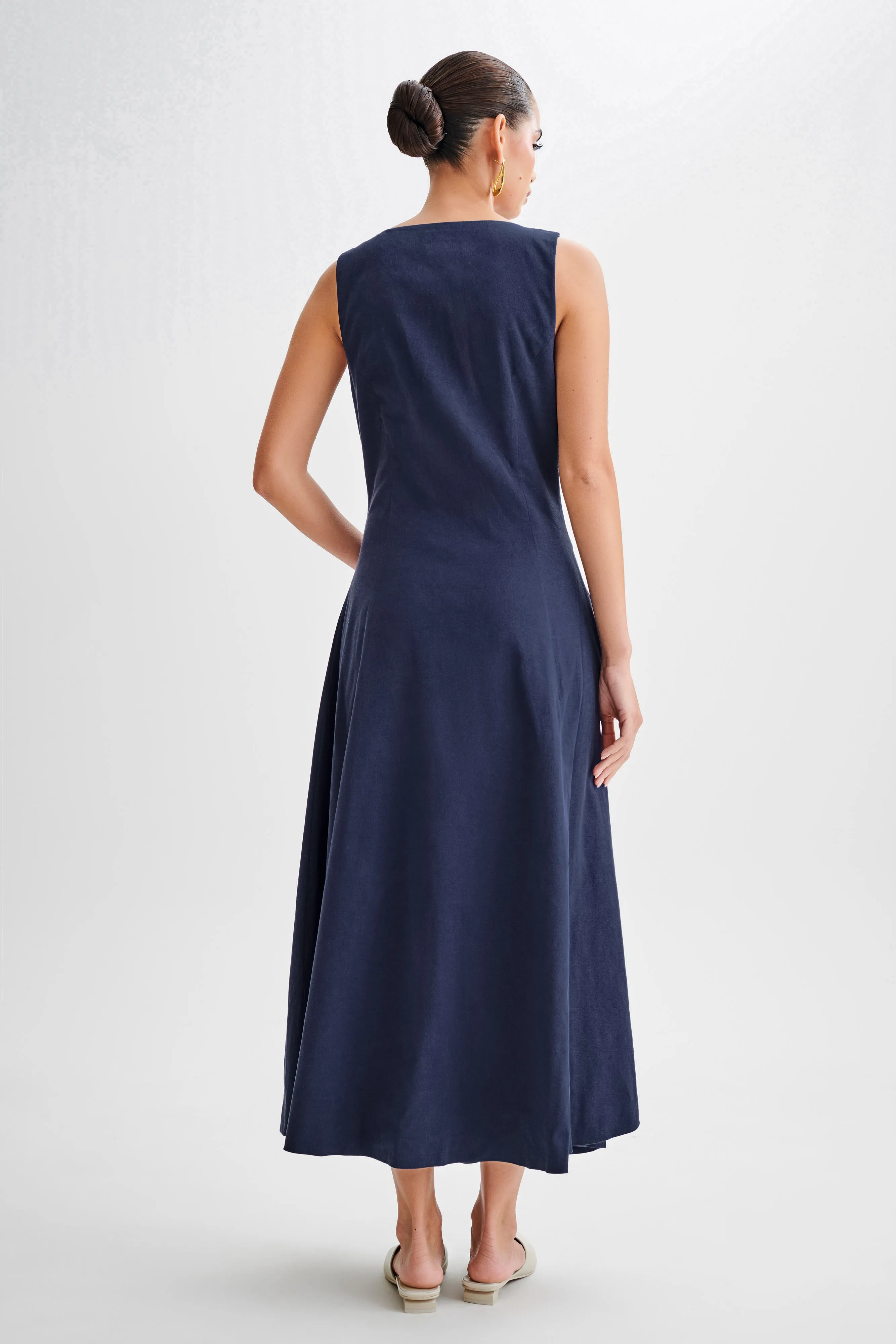 Theodora Cotton Buttoned Midi Dress - Navy