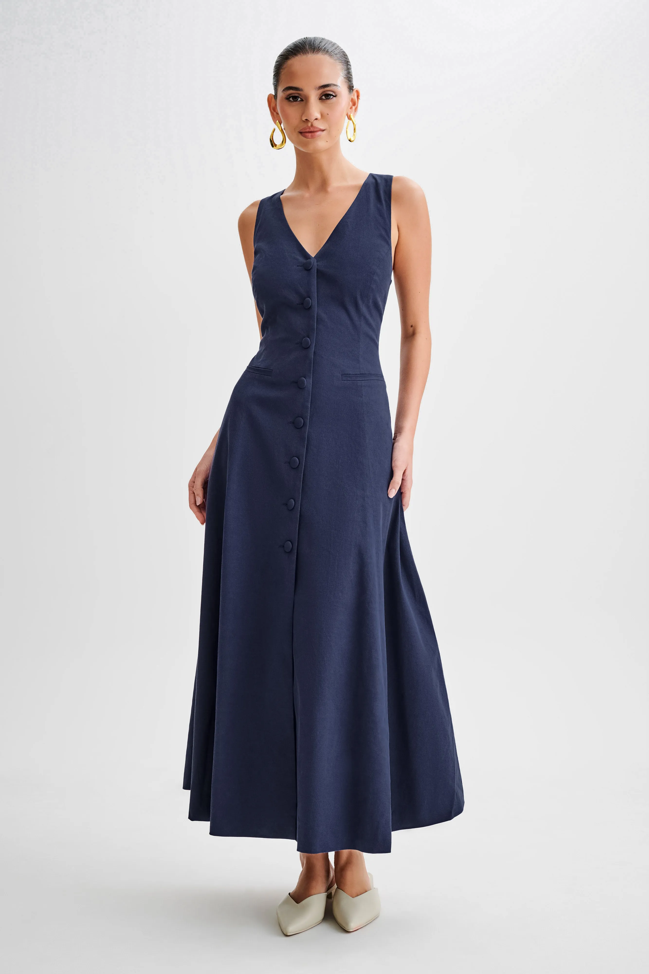 Theodora Cotton Buttoned Midi Dress - Navy