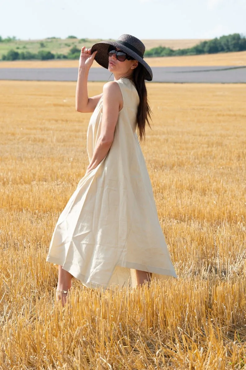 TIFFANY Beige Linen Dress With One Shoulder