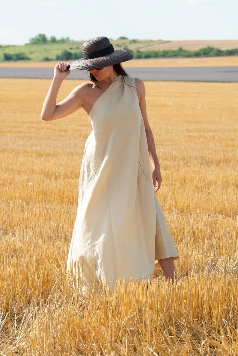 TIFFANY Beige Linen Dress With One Shoulder