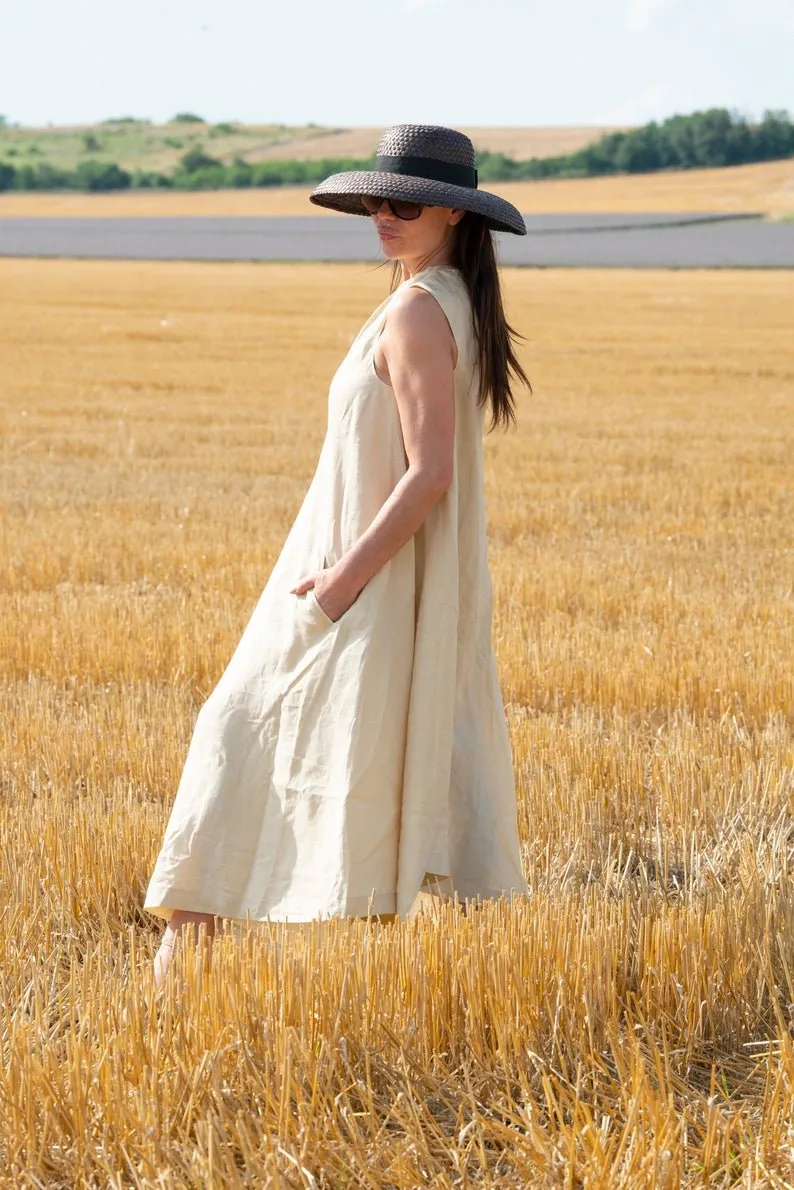 TIFFANY Beige Linen Dress With One Shoulder