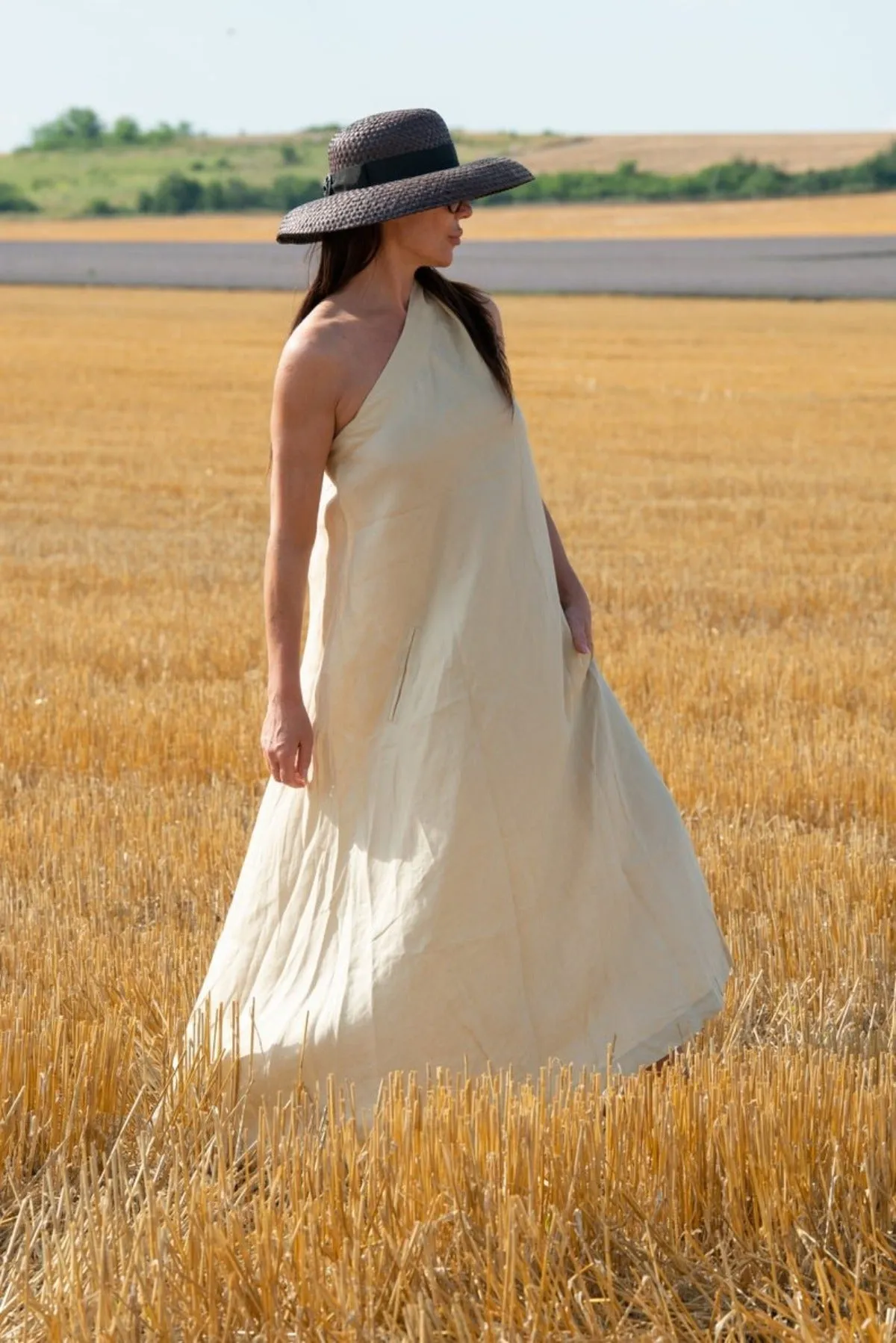 TIFFANY Beige Linen Dress With One Shoulder