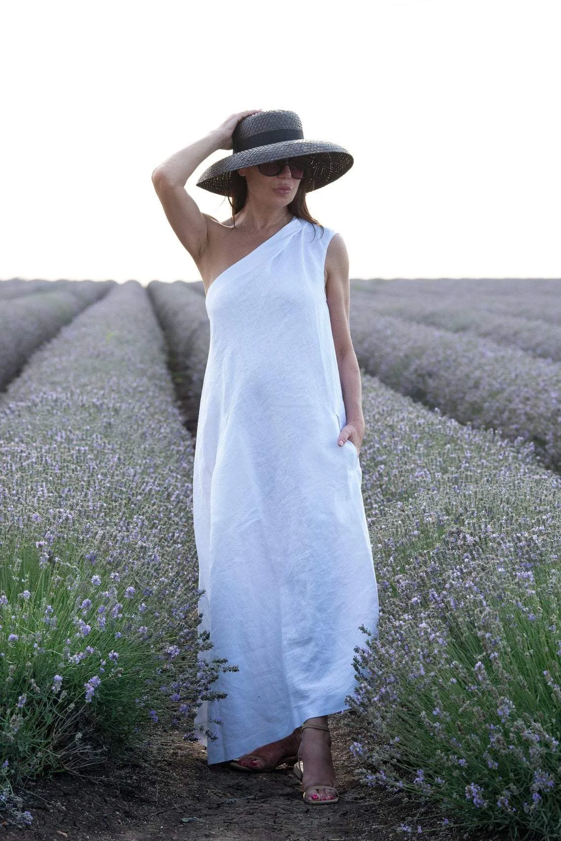 TIFFANY Beige Linen Dress With One Shoulder