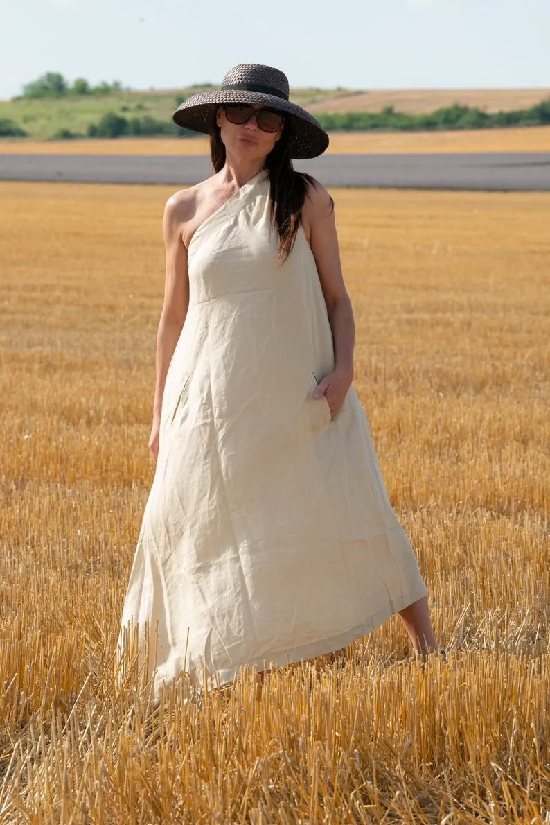 TIFFANY Beige Linen Dress With One Shoulder