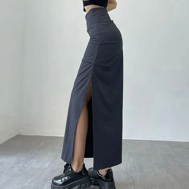 Toleet-Y2K Split Long Skirt Women 2023 Summer Skiny High Waisted Cargo Skirt Woman Black Gray Streetwear Midi Skirts Female