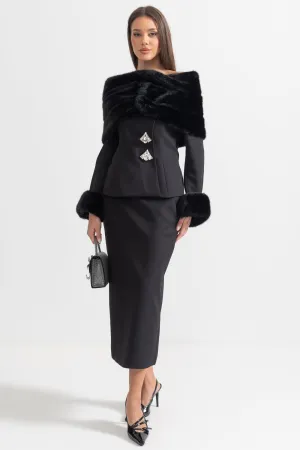 Two-Piece Ensemble With Faux Fur Shawl, Cuffs And Midi Skirt - Black