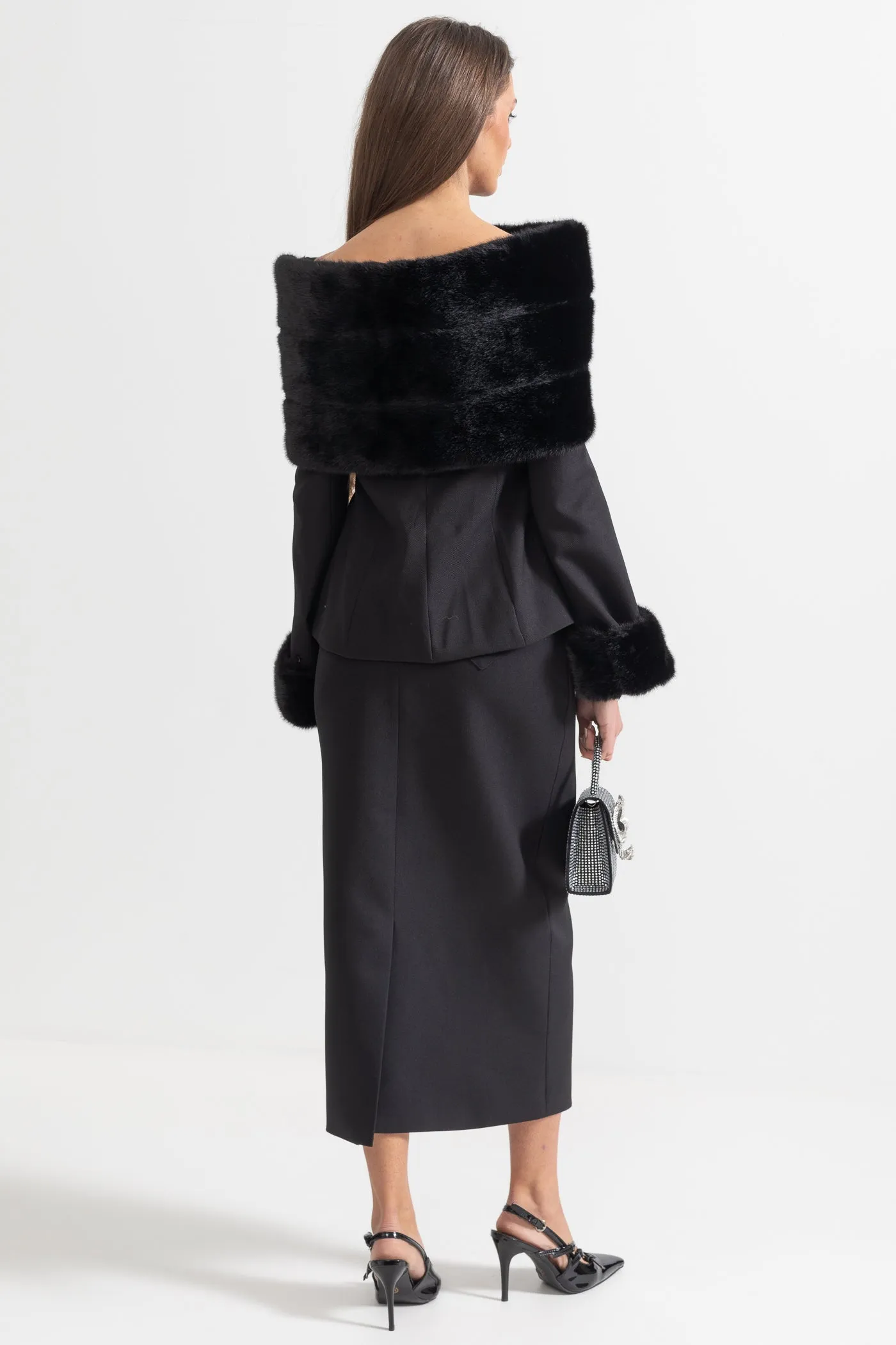 Two-Piece Ensemble With Faux Fur Shawl, Cuffs And Midi Skirt - Black