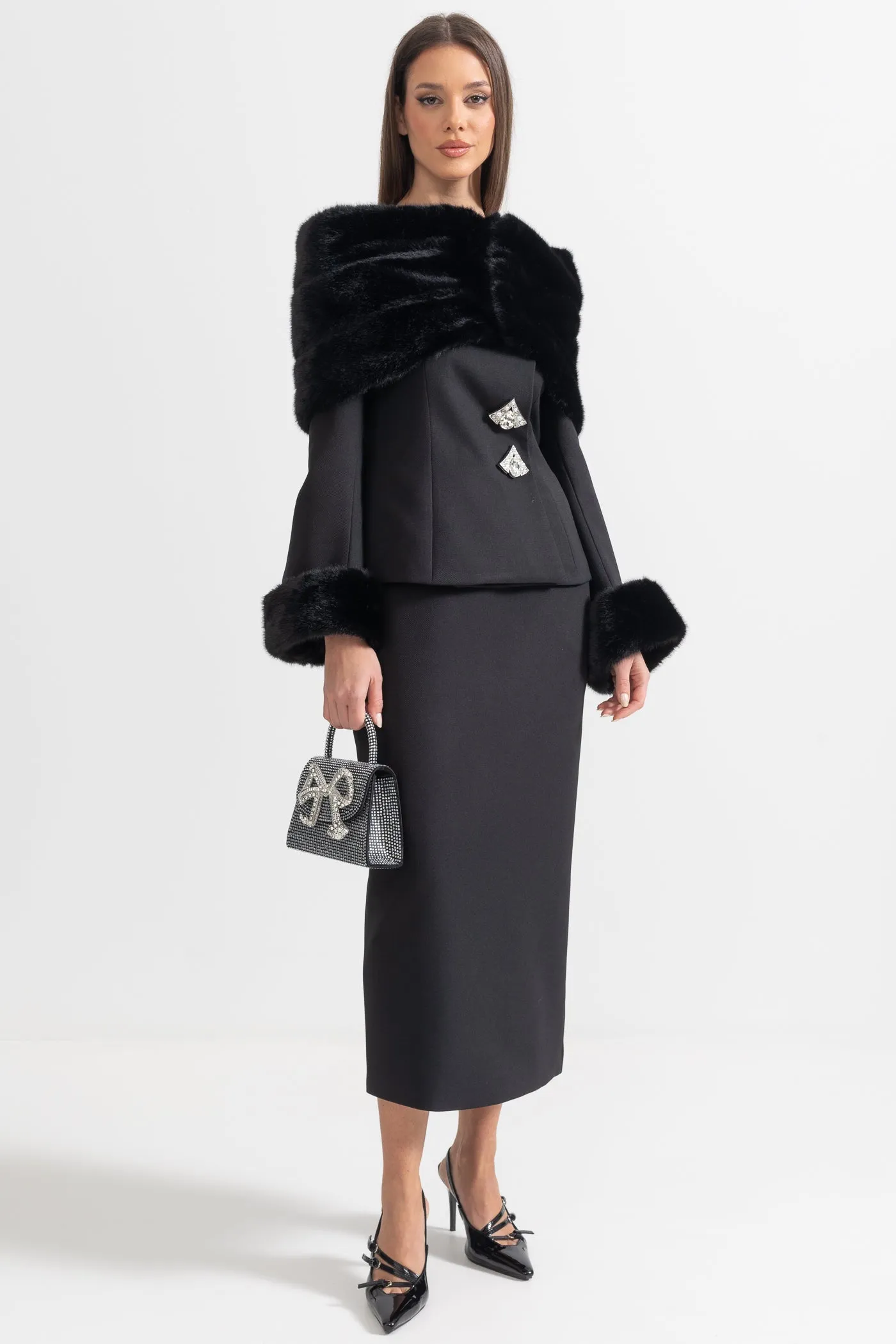 Two-Piece Ensemble With Faux Fur Shawl, Cuffs And Midi Skirt - Black