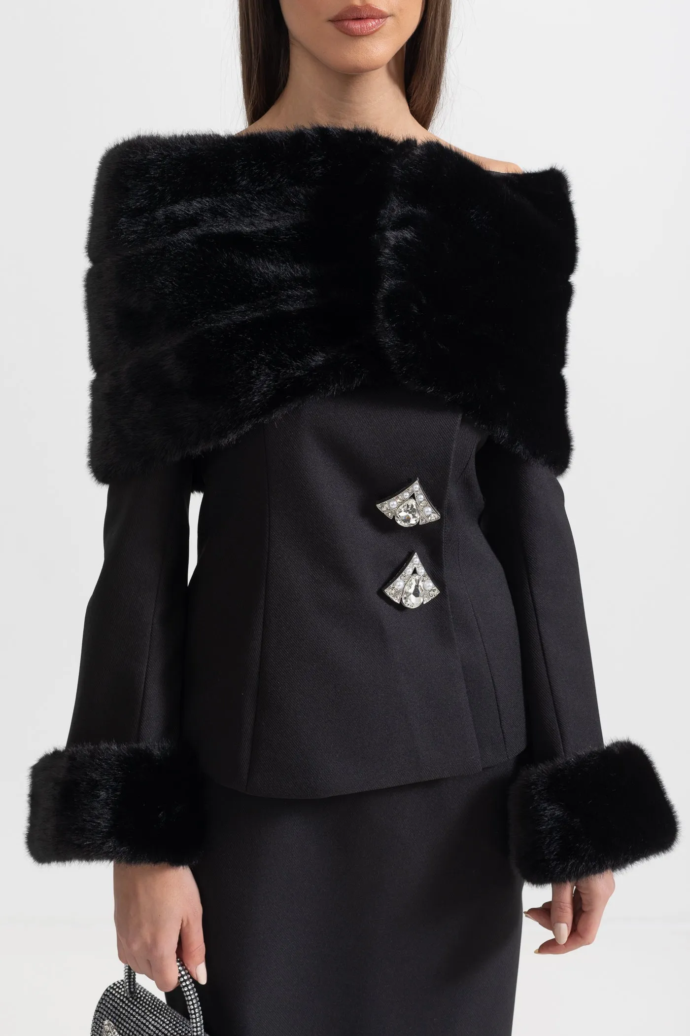 Two-Piece Ensemble With Faux Fur Shawl, Cuffs And Midi Skirt - Black