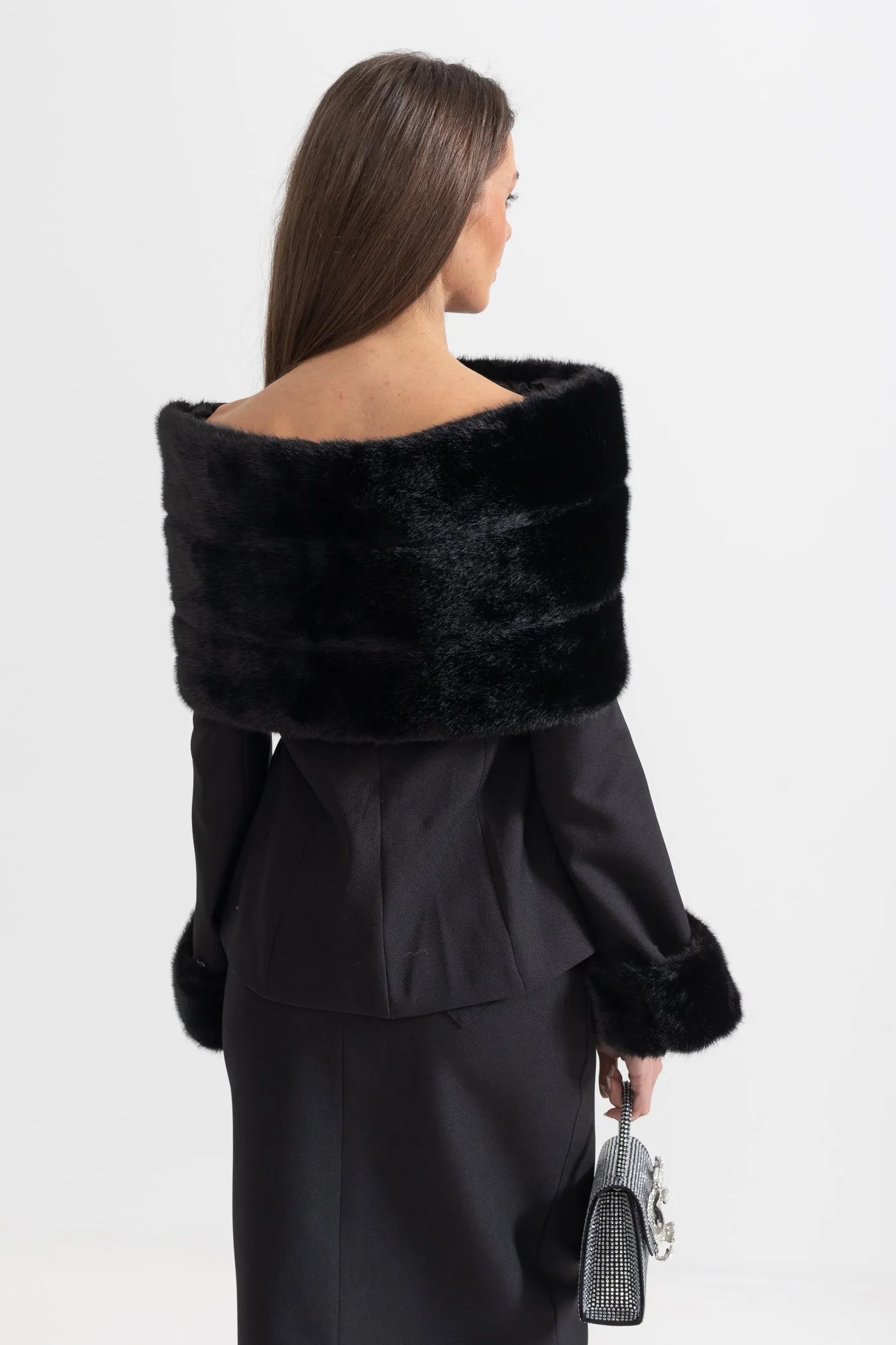 Two-Piece Ensemble With Faux Fur Shawl, Cuffs And Midi Skirt - Black