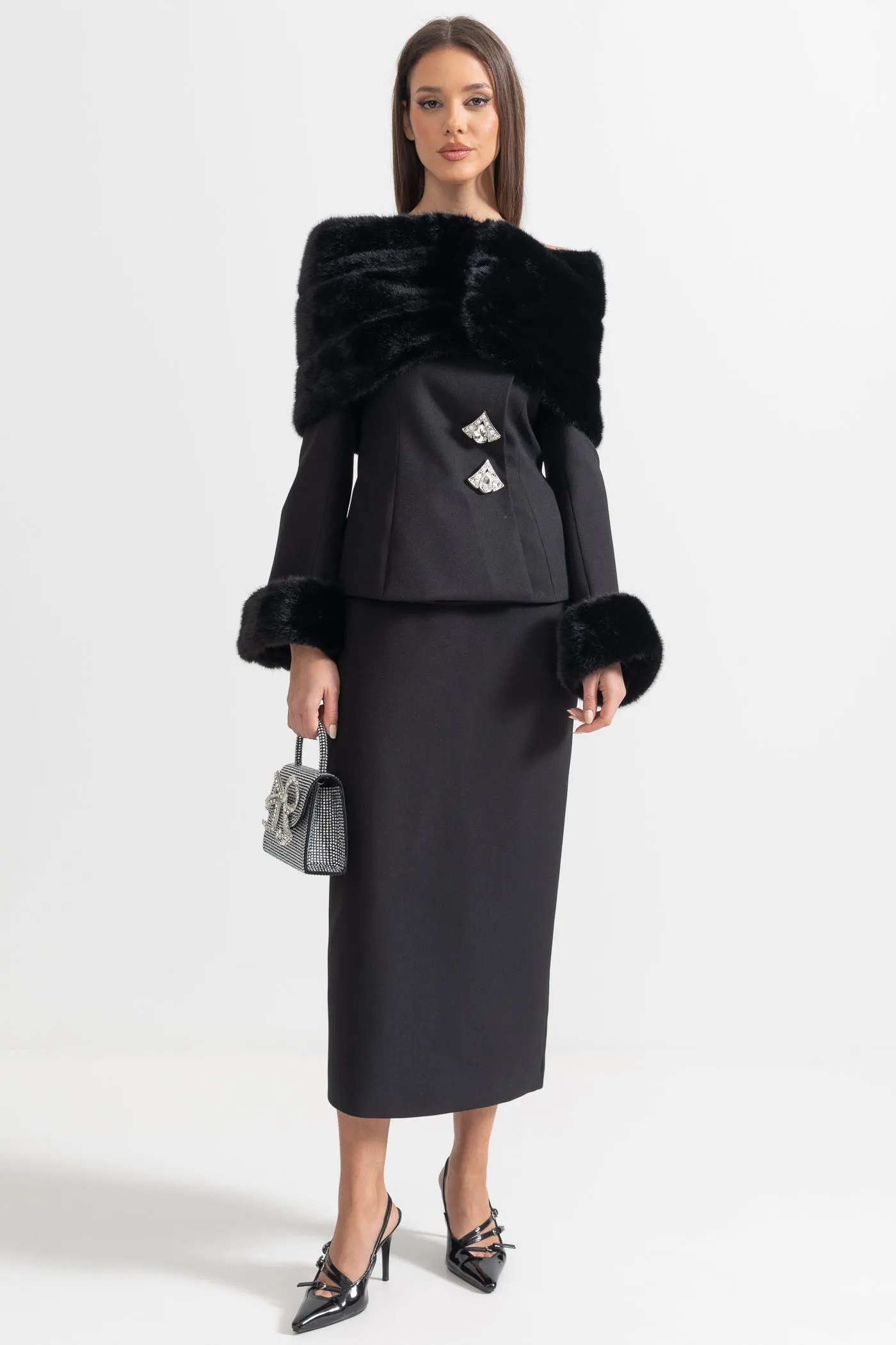 Two-Piece Ensemble With Faux Fur Shawl, Cuffs And Midi Skirt - Black