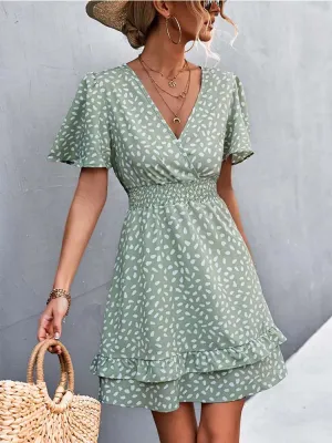 V Neck Mini Floral Short Lotus Leaf Elegant  Midi Dresses