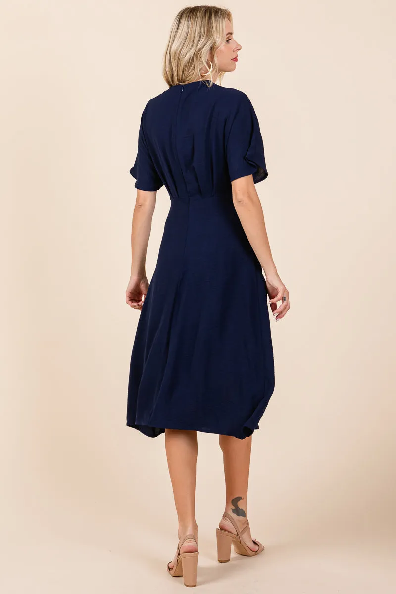 V Neck Short Sleeve Ruched Midi Dress