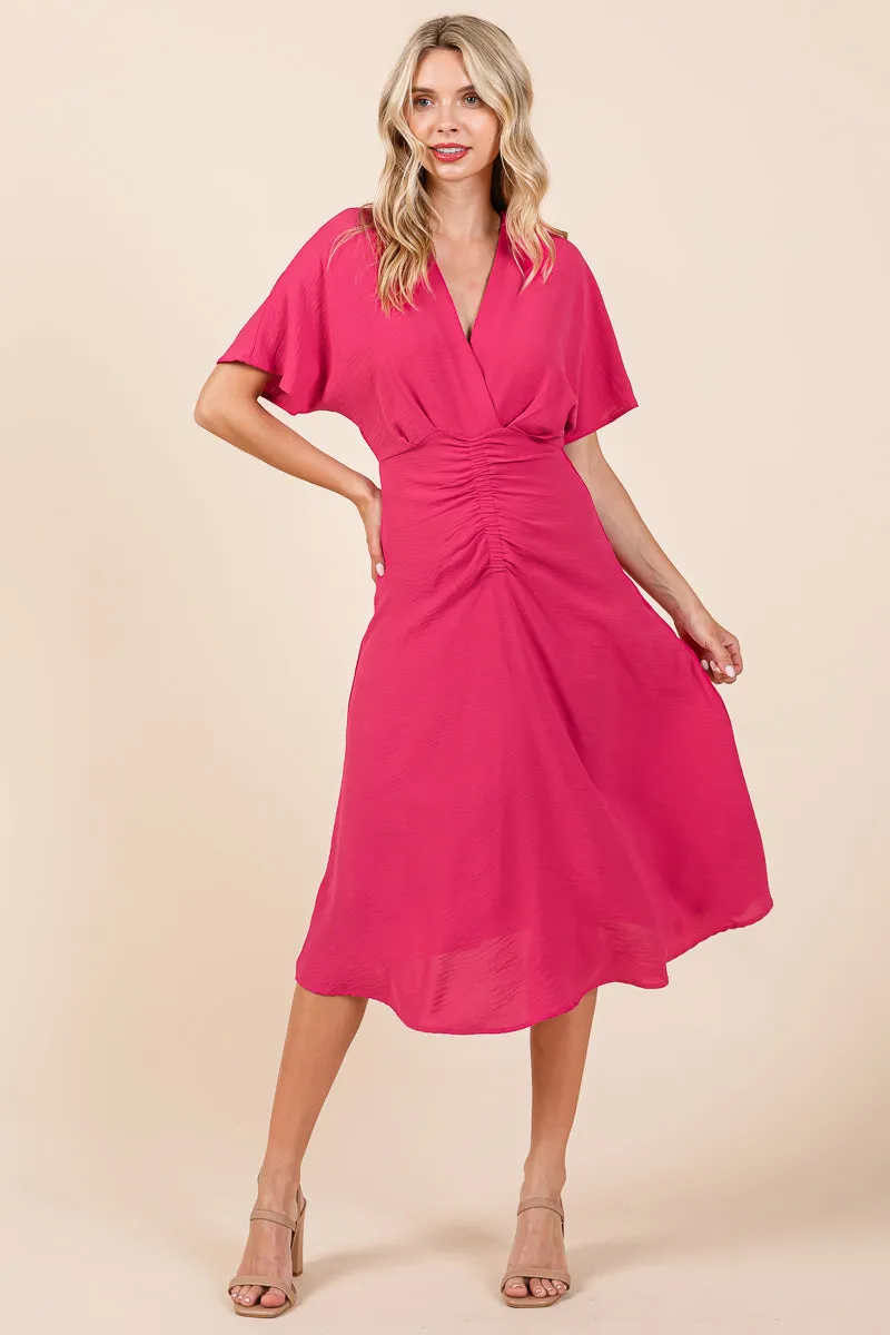 V Neck Short Sleeve Ruched Midi Dress