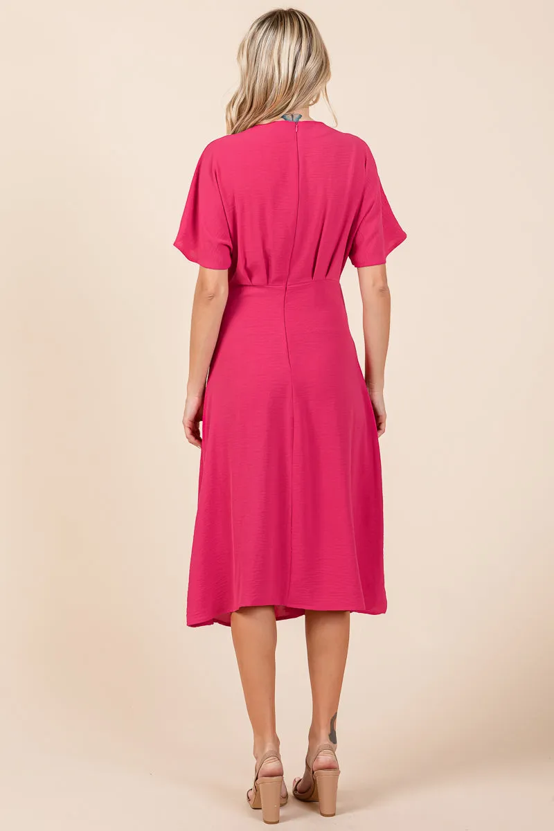 V Neck Short Sleeve Ruched Midi Dress