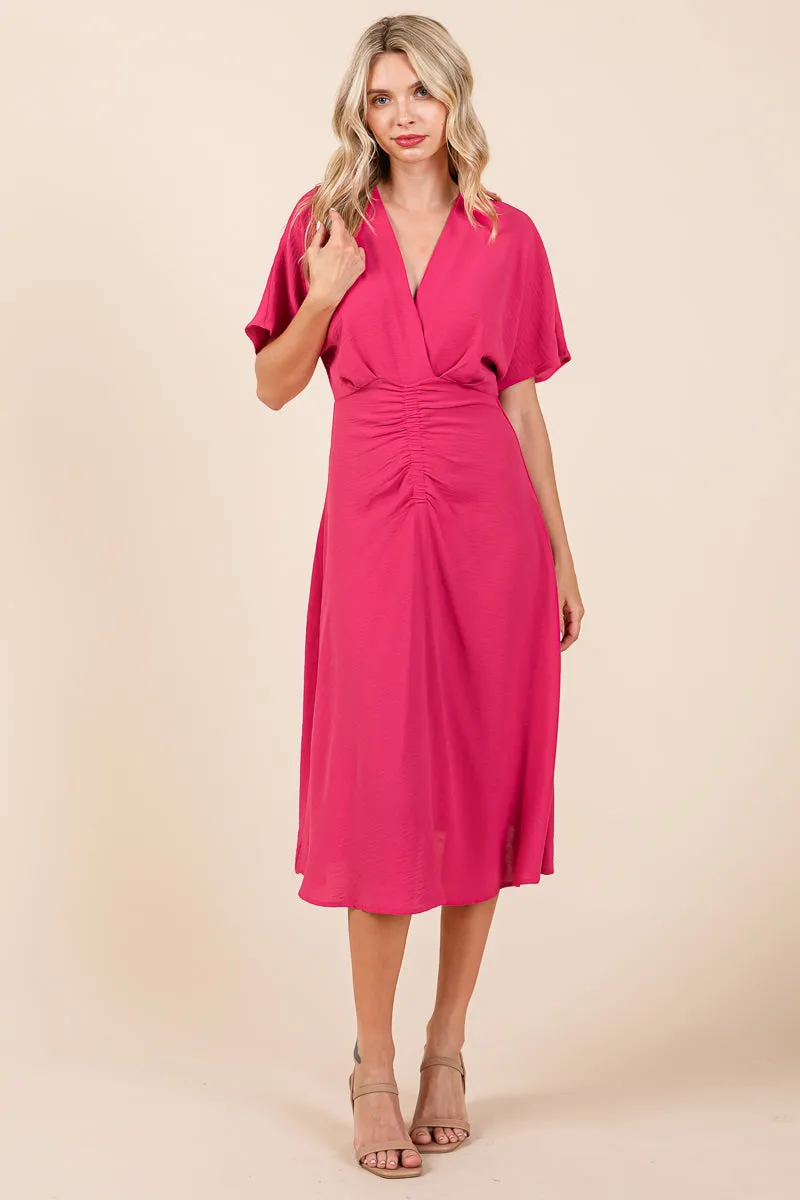 V Neck Short Sleeve Ruched Midi Dress