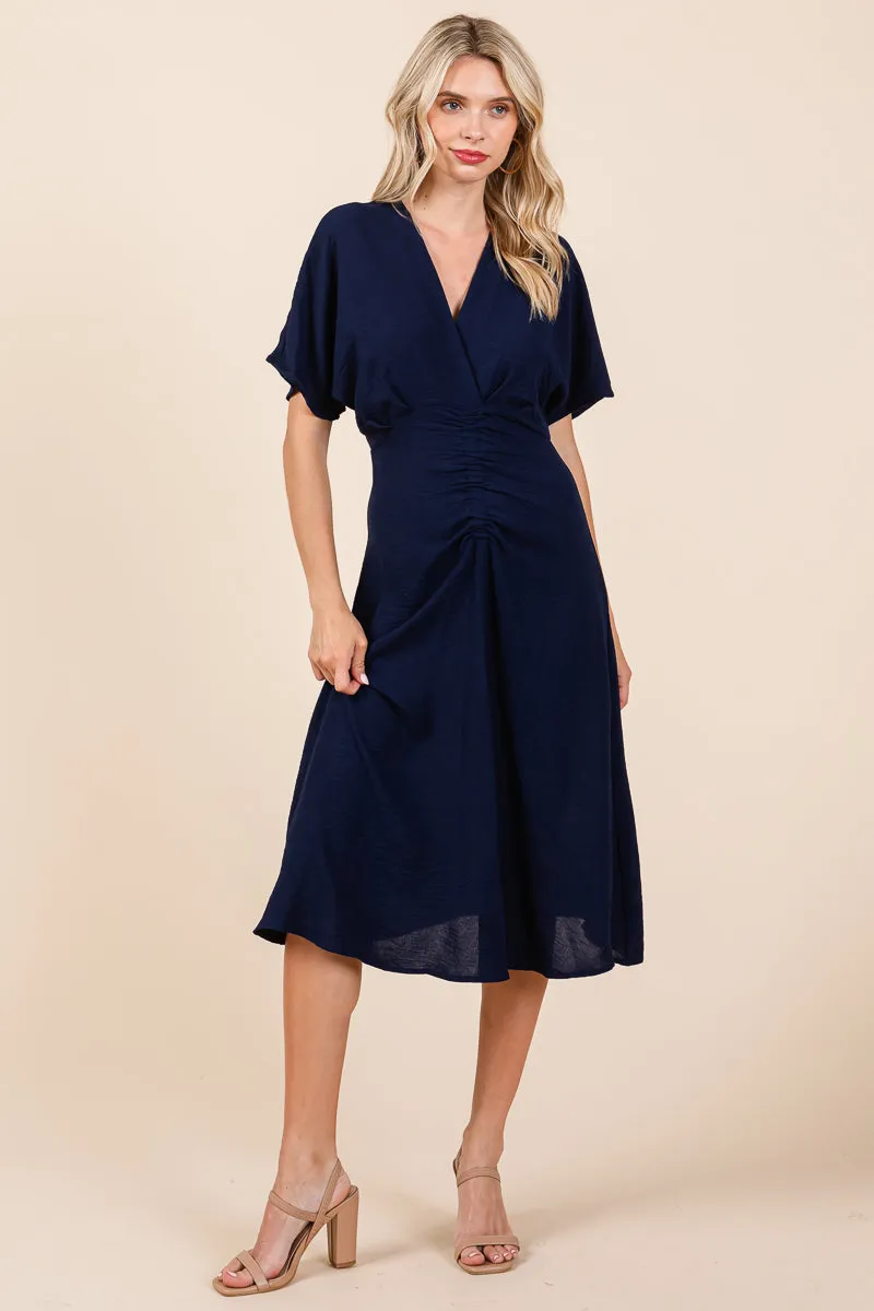 V Neck Short Sleeve Ruched Midi Dress